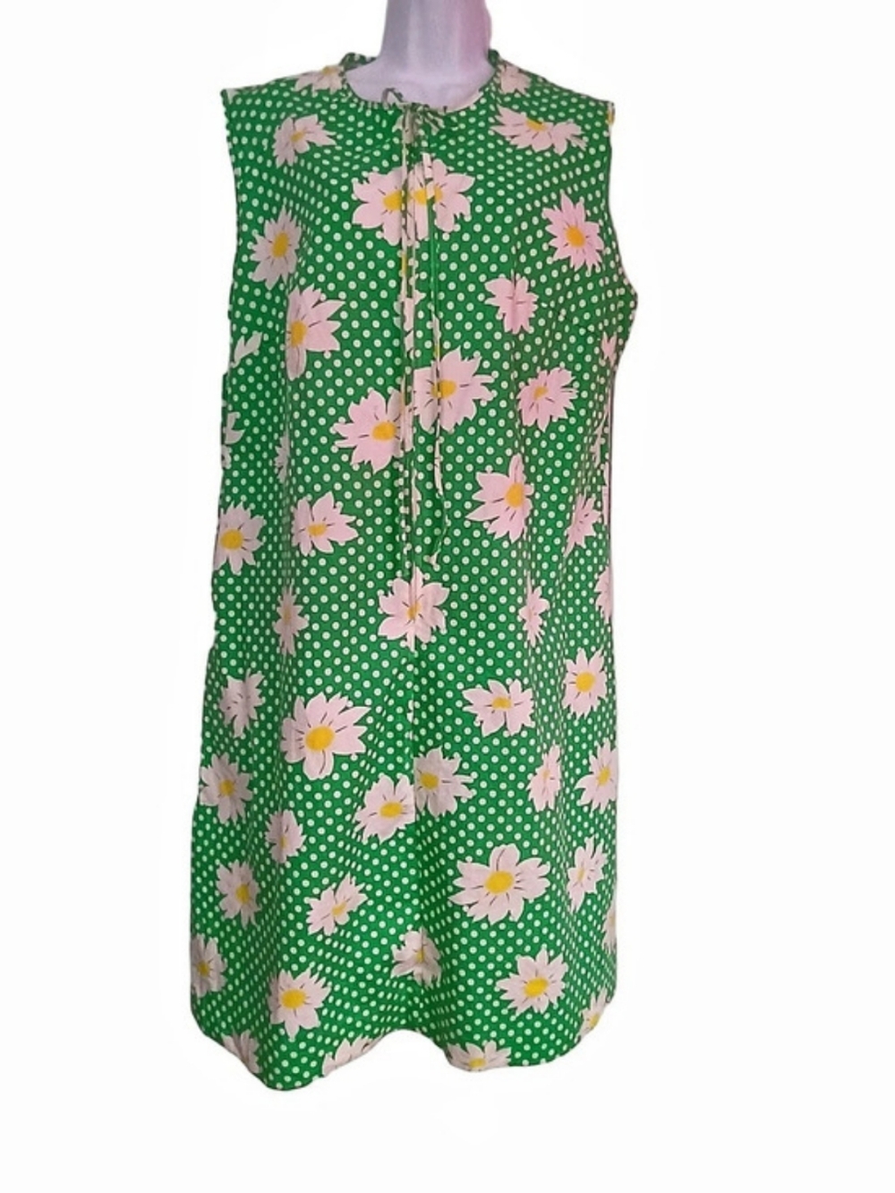 Vintage JCPenney Floral Mini Dress in Green & Pink Size 42/L House Coat Dress